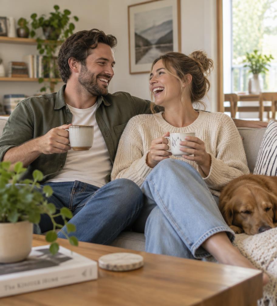 A couple relaxing together on a sofa with warm drinks