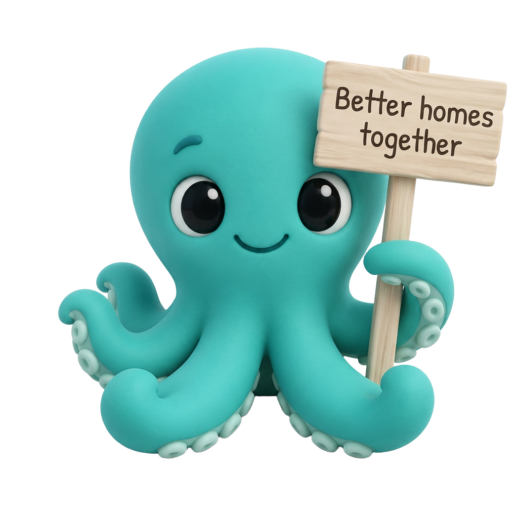 Otto the octopus holding a sign that reads Better homes together